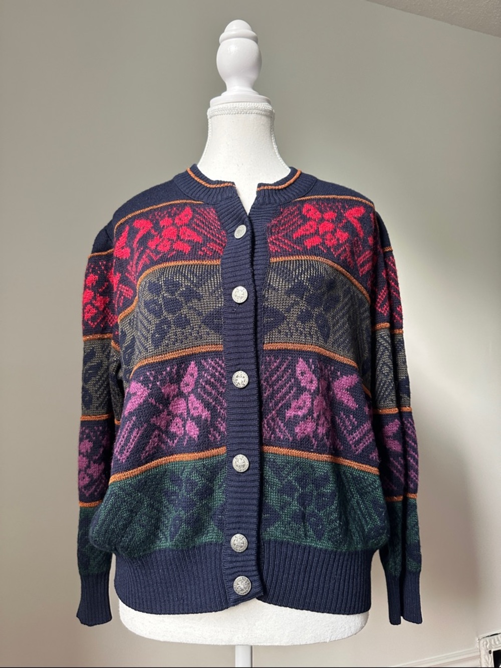 RABE‎ Vintage Wool Blend Grandpa Cottagecore Patterned Cardigan Large